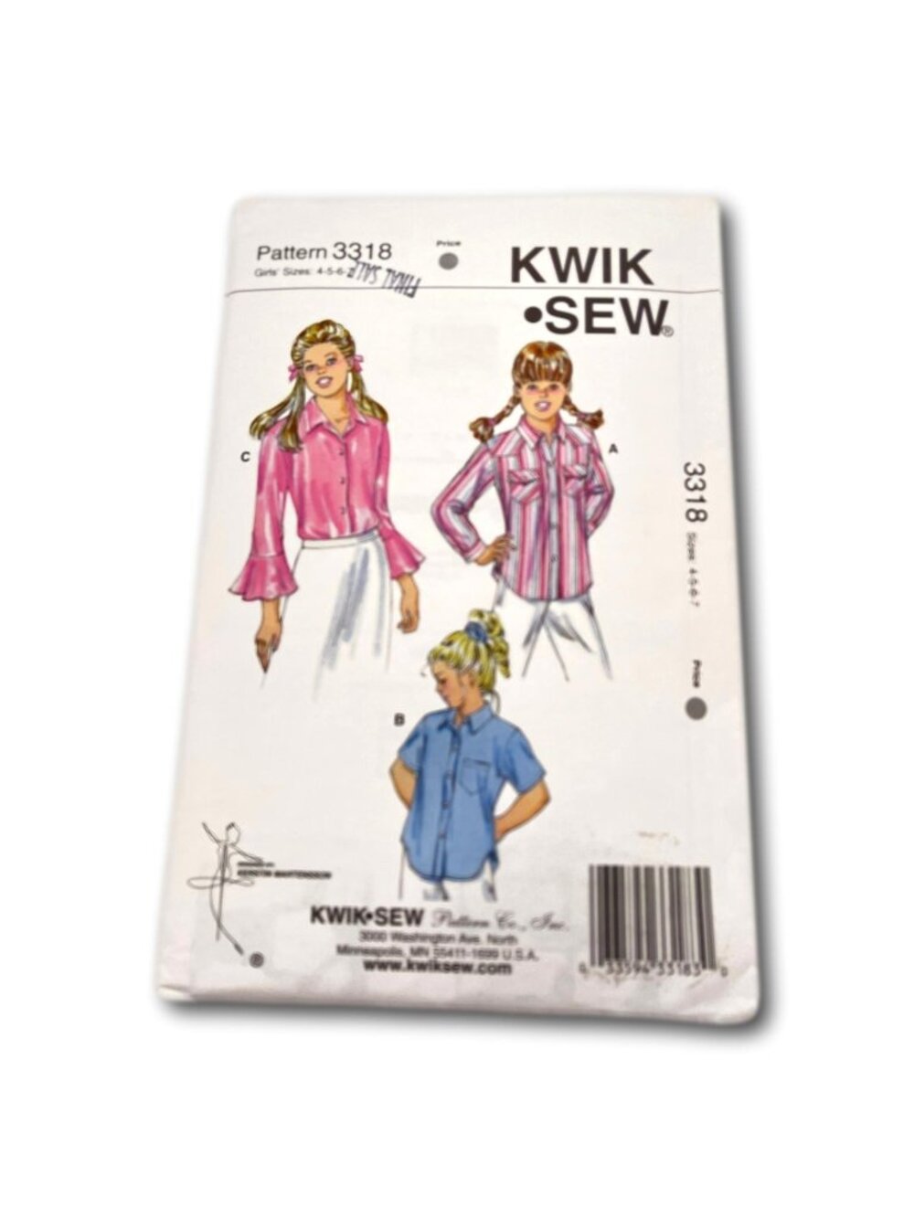Kwik Sew Pattern 3318 Girls Blouses Button Up SS LS Size 4 5 6 7 Sealed Uncut US